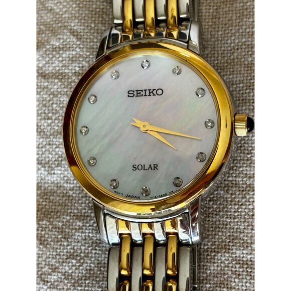 Seiko Solar Diamond two-tone mother-of-pearl women's watch, SUP398 - Picture 3 of 9